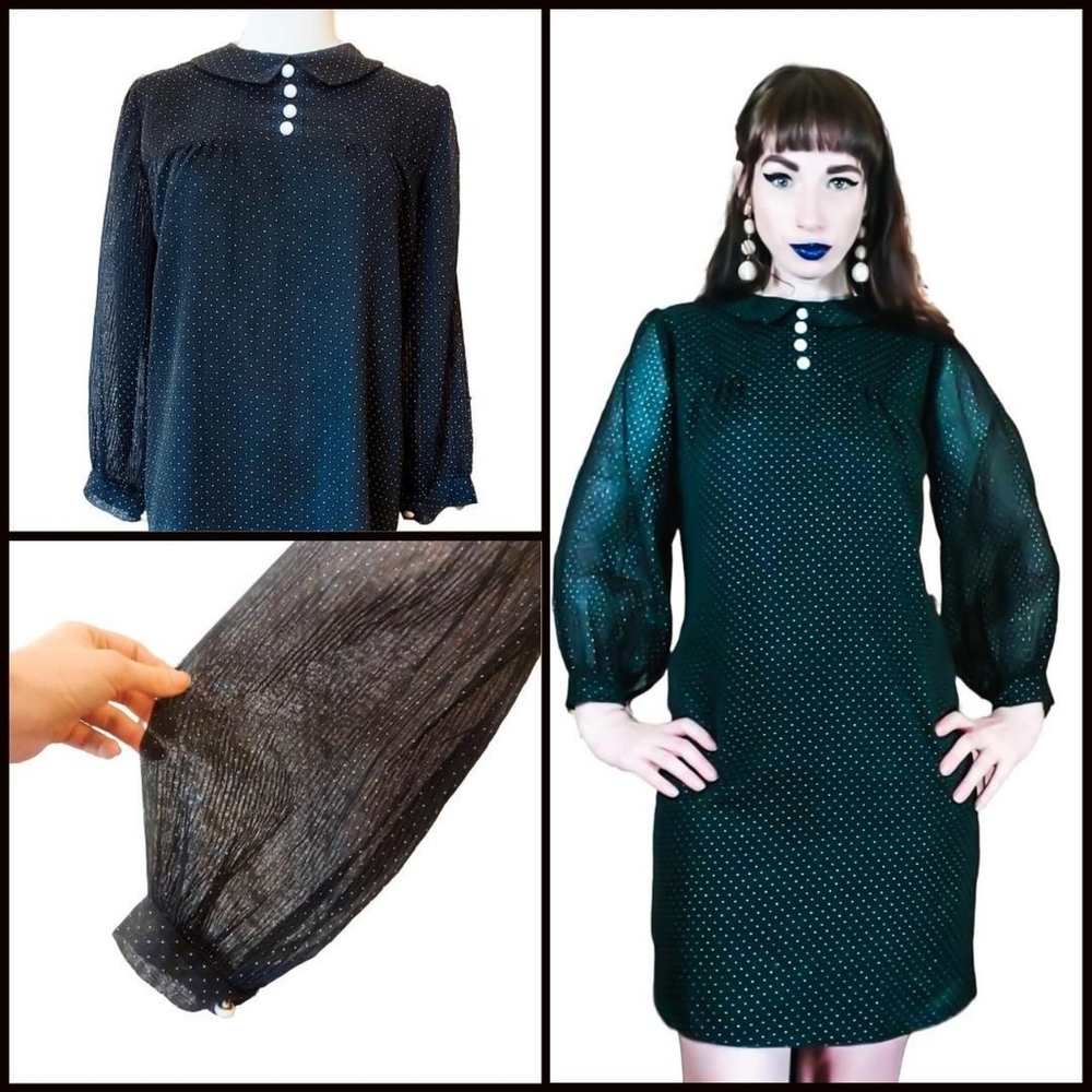 Vintage 1960s Babydoll Polka Dot Bishop Sleeve Mini Dress Navy Mod Mini Dress